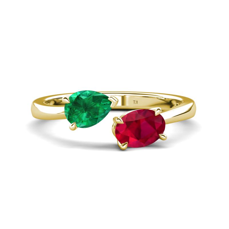 Afra 1.70 ctw Emerald Pear Shape (7x5 mm) & Ruby Oval Shape (7x5 mm) Toi Et Moi Engagement Ring 