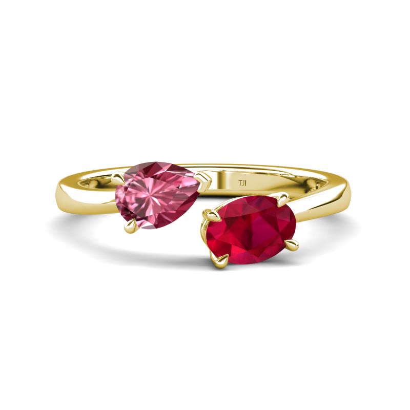 Afra 1.60 ctw Pink Tourmaline Pear Shape (7x5 mm) & Ruby Oval Shape (7x5 mm) Toi Et Moi Engagement Ring 