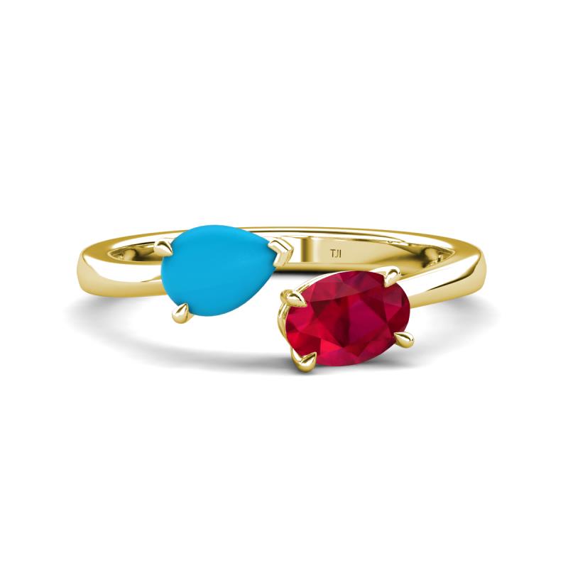 Afra 1.25 ctw Turquoise Pear Shape (7x5 mm) & Ruby Oval Shape (7x5 mm) Toi Et Moi Engagement Ring 