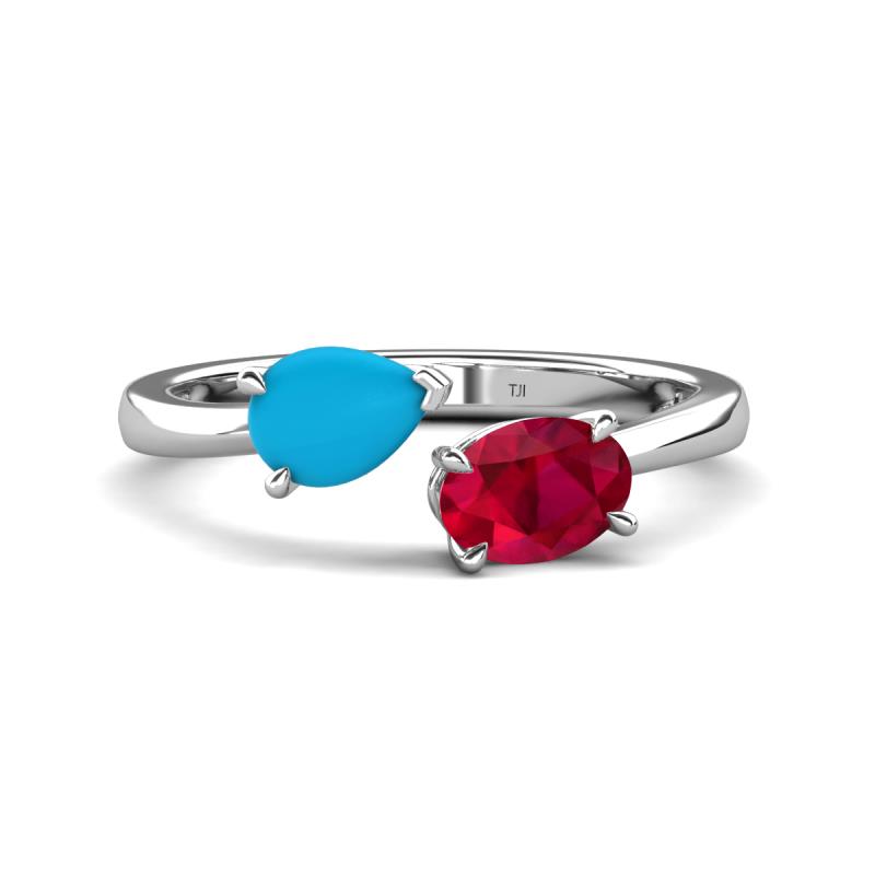 Afra 1.80 ctw Blue Sapphire Pear Shape (7x5 mm) & Ruby Oval Shape (7x5 mm) Toi Et Moi Engagement Ring 