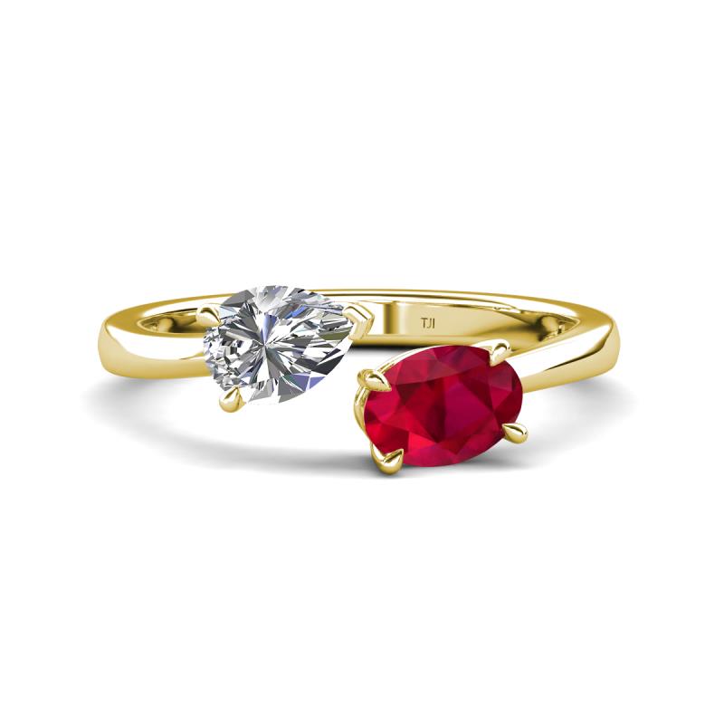 Afra 1.80 ctw White Sapphire Pear Shape (7x5 mm) & Ruby Oval Shape (7x5 mm) Toi Et Moi Engagement Ring 