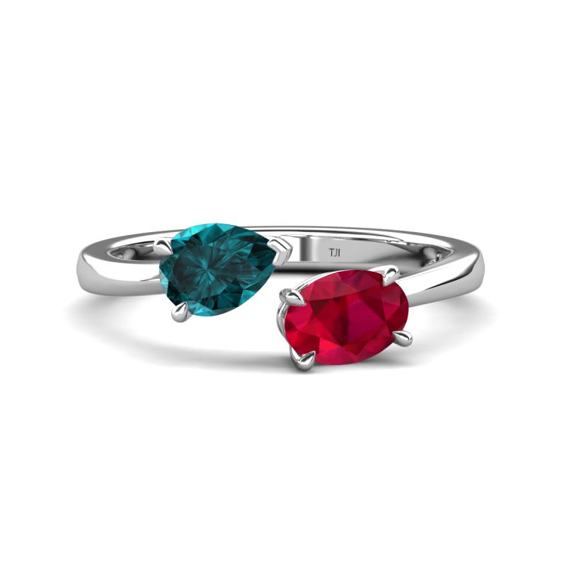 Afra 1.75 ctw London Blue Topaz Pear Shape (7x5 mm) & Ruby Oval Shape (7x5 mm) Toi Et Moi Engagement Ring 