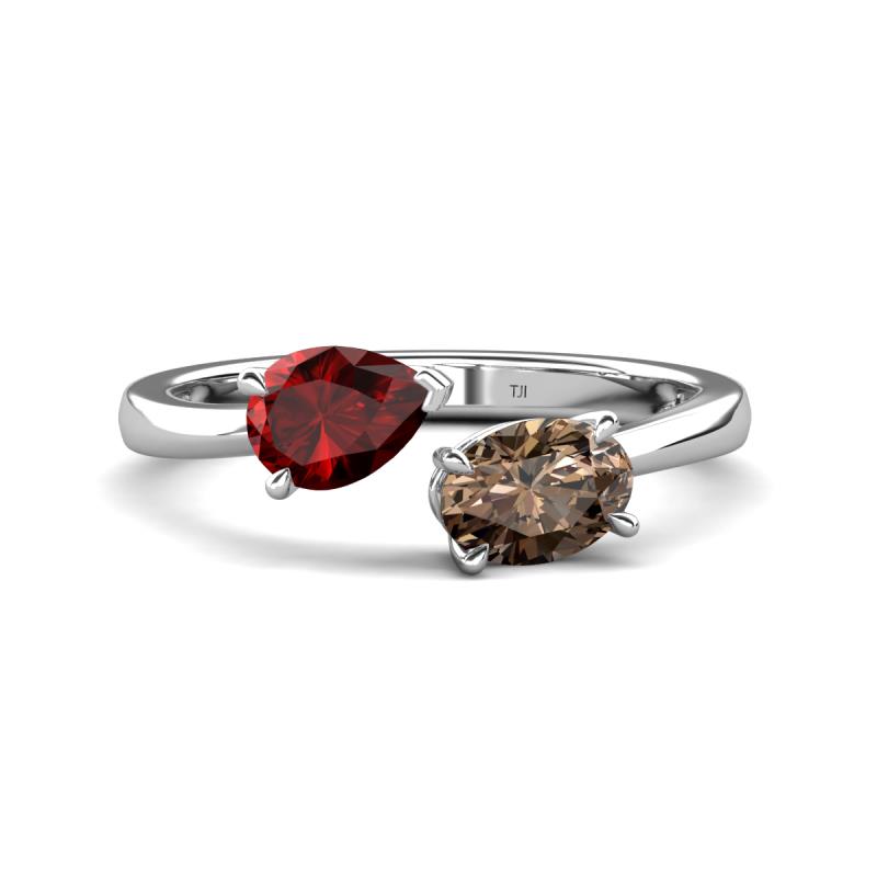 Afra 1.65 ctw Red Garnet Pear Shape (7x5 mm) & Smoky Quartz Oval Shape (7x5 mm) Toi Et Moi Engagement Ring 
