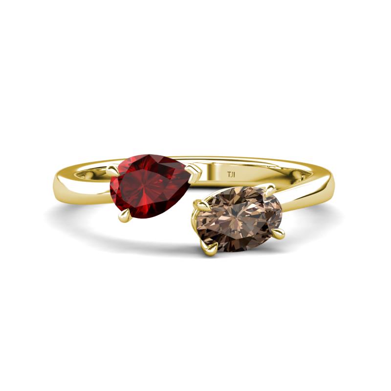 Afra 1.65 ctw Red Garnet Pear Shape (7x5 mm) & Smoky Quartz Oval Shape (7x5 mm) Toi Et Moi Engagement Ring 