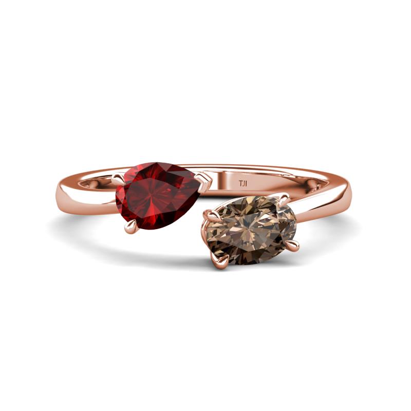 Afra 1.65 ctw Red Garnet Pear Shape (7x5 mm) & Smoky Quartz Oval Shape (7x5 mm) Toi Et Moi Engagement Ring 