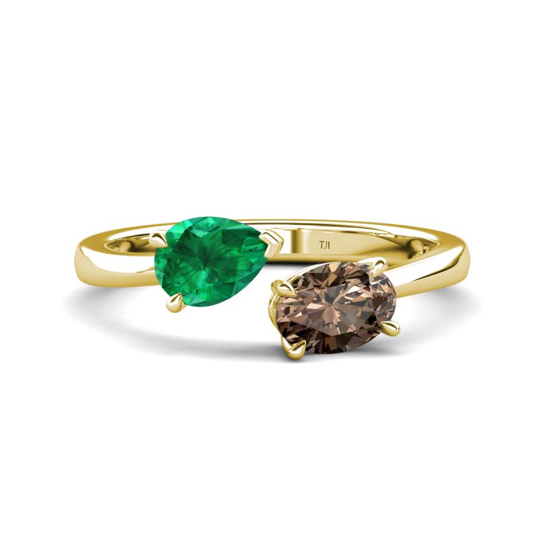 Afra 1.55 ctw Emerald Pear Shape (7x5 mm) & Smoky Quartz Oval Shape (7x5 mm) Toi Et Moi Engagement Ring 