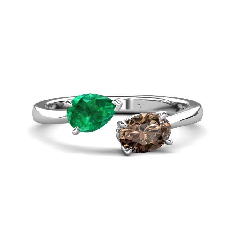 Afra 1.55 ctw Emerald Pear Shape (7x5 mm) & Smoky Quartz Oval Shape (7x5 mm) Toi Et Moi Engagement Ring 