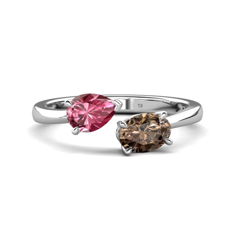 Afra 1.45 ctw Pink Tourmaline Pear Shape (7x5 mm) & Smoky Quartz Oval Shape (7x5 mm) Toi Et Moi Engagement Ring 