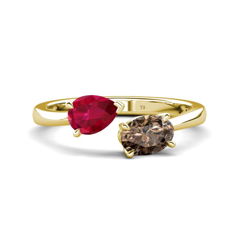 Afra 1.70 ctw Ruby Pear Shape (7x5 mm) & Smoky Quartz Oval Shape (7x5 mm) Toi Et Moi Engagement Ring 