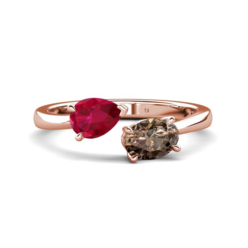 Afra 1.70 ctw Ruby Pear Shape (7x5 mm) & Smoky Quartz Oval Shape (7x5 mm) Toi Et Moi Engagement Ring 