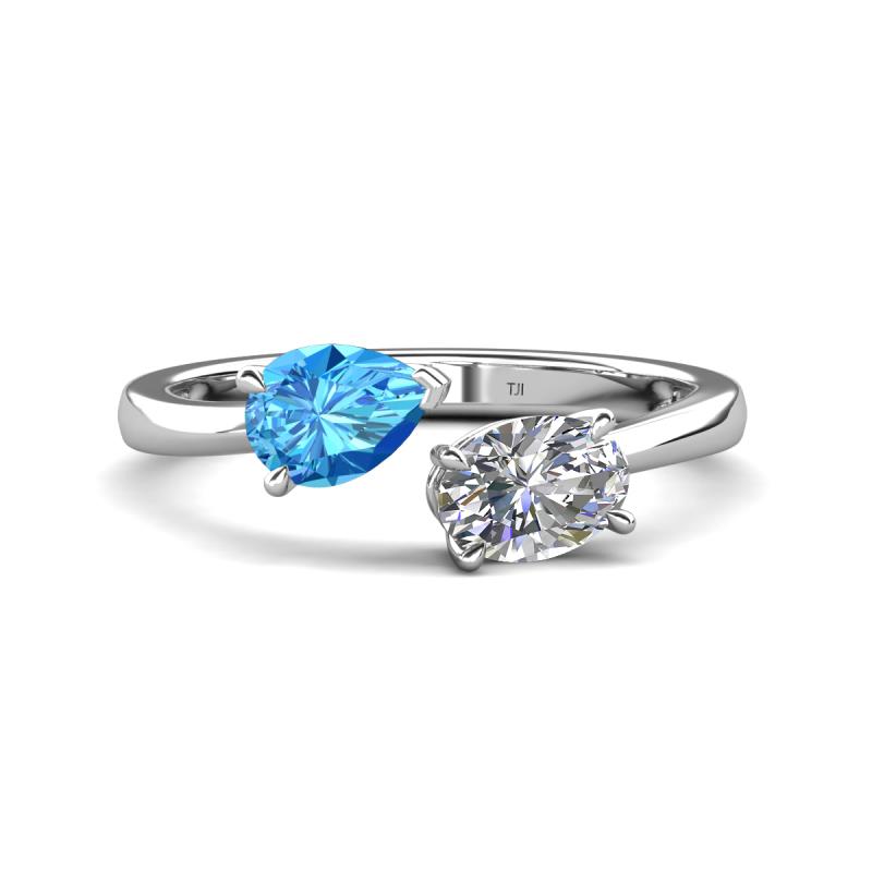 Afra 1.70 ctw Blue Topaz Pear Shape (7x5 mm) & Moissanite Oval Shape (7x5 mm) Toi Et Moi Engagement Ring 