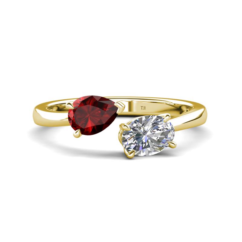Afra 1.75 ctw Red Garnet Pear Shape (7x5 mm) & Moissanite Oval Shape (7x5 mm) Toi Et Moi Engagement Ring 