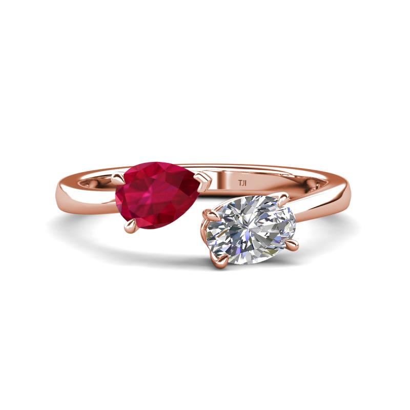 Afra 1.80 ctw Ruby Pear Shape (7x5 mm) & Moissanite Oval Shape (7x5 mm) Toi Et Moi Engagement Ring 