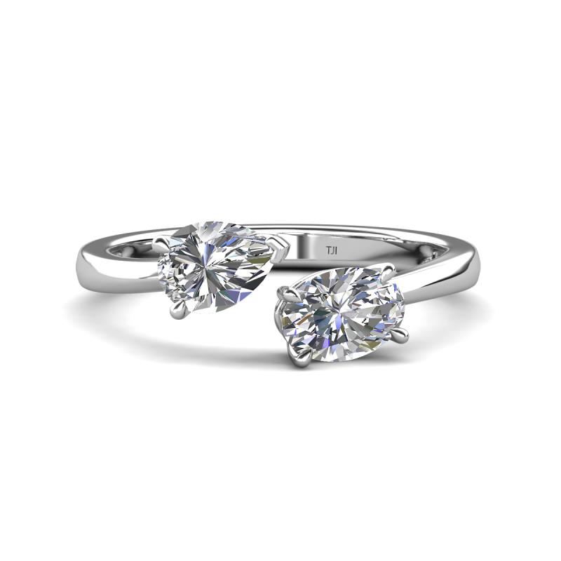Afra 1.75 ctw White Sapphire Pear Shape (7x5 mm) & Moissanite Oval Shape (7x5 mm) Toi Et Moi Engagement Ring 