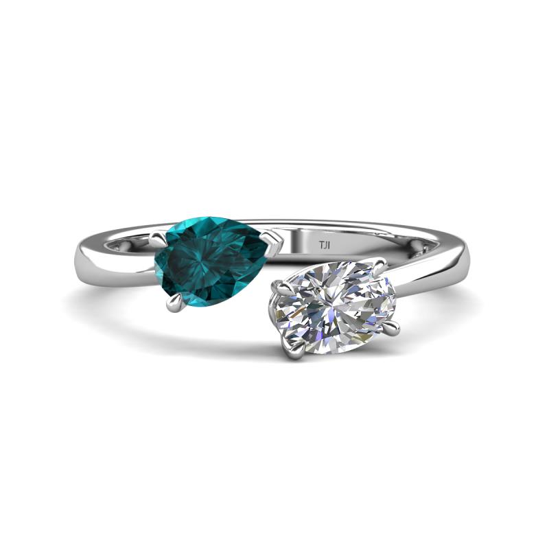 Afra 1.70 ctw London Blue Topaz Pear Shape (7x5 mm) & Moissanite Oval Shape (7x5 mm) Toi Et Moi Engagement Ring 