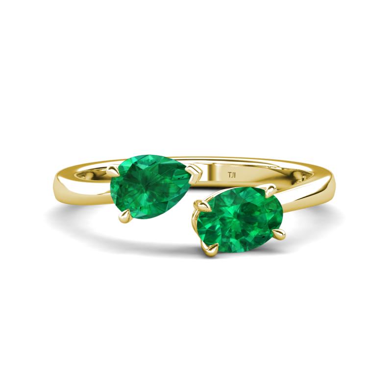 Afra 1.60 ctw Emerald Pear Shape (7x5 mm) & Emerald Oval Shape (7x5 mm) Toi Et Moi Engagement Ring 