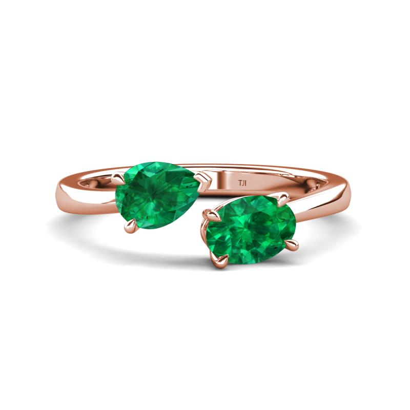 Afra 1.60 ctw Emerald Pear Shape (7x5 mm) & Emerald Oval Shape (7x5 mm) Toi Et Moi Engagement Ring 