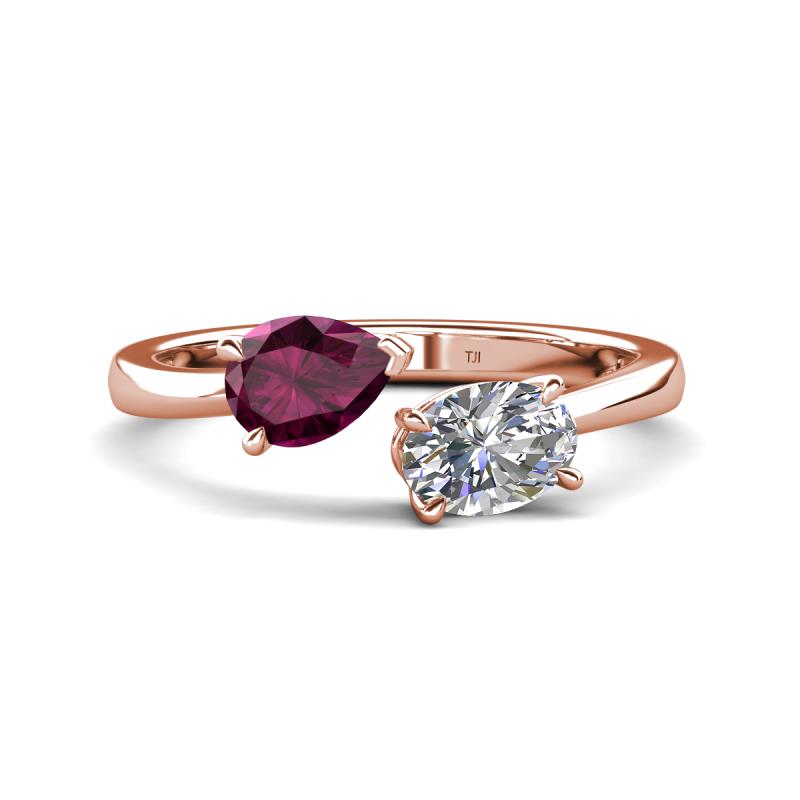 Afra 1.70 ctw Rhodolite Garnet Pear Shape (7x5 mm) & IGI Certified Lab Grown Diamond Oval Shape (7x5 mm) Toi Et Moi Engagement Ring 