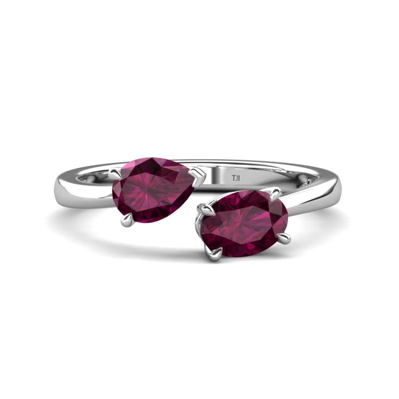 Afra 1.90 ctw Rhodolite Garnet Pear Shape (7x5 mm) & Rhodolite Garnet Oval Shape (7x5 mm) Toi Et Moi Engagement Ring 