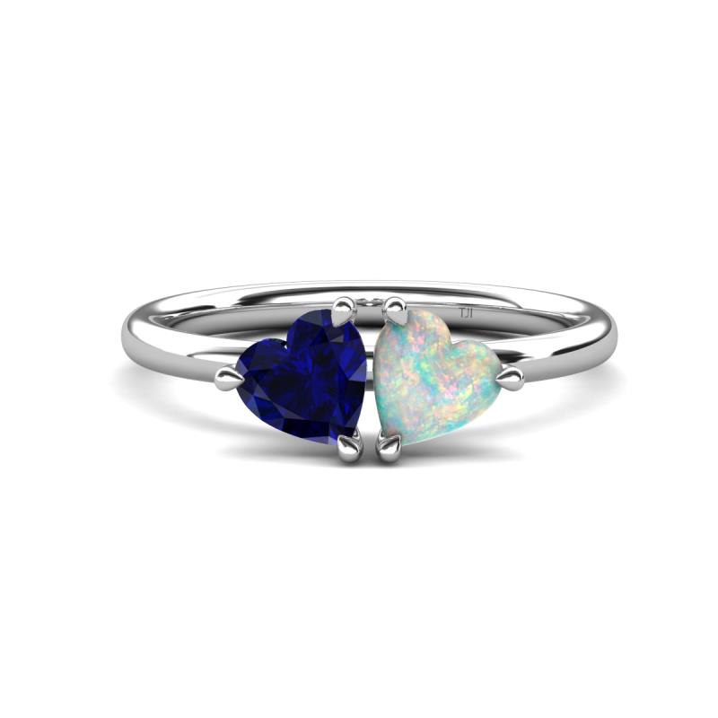 Francesca 1.35 ctw Heart Shape (6.00 mm) Lab Created Blue Sapphire & Opal Toi Et Moi Engagement Ring 