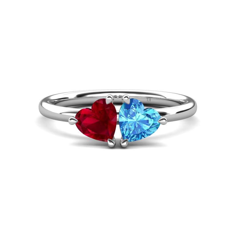 Francesca 1.80 ctw Heart Shape (6.00 mm) Lab Created Ruby & Blue Topaz Toi Et Moi Engagement Ring 