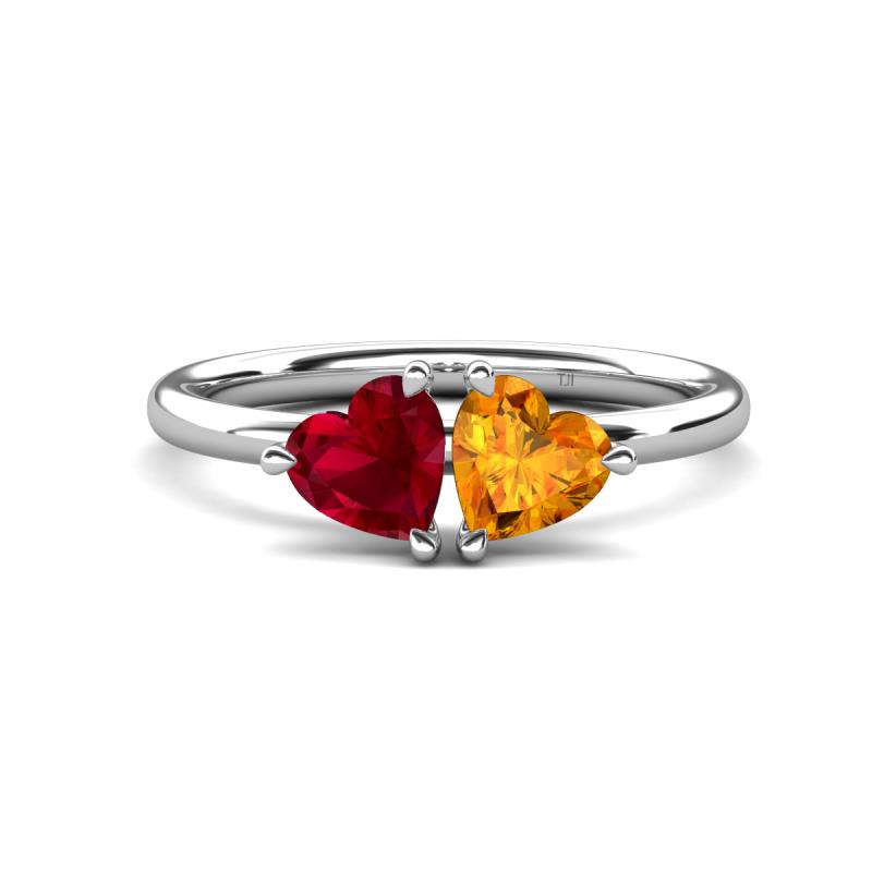 Francesca 1.48 ctw Heart Shape (6.00 mm) Lab Created Ruby & Citrine Toi Et Moi Engagement Ring 