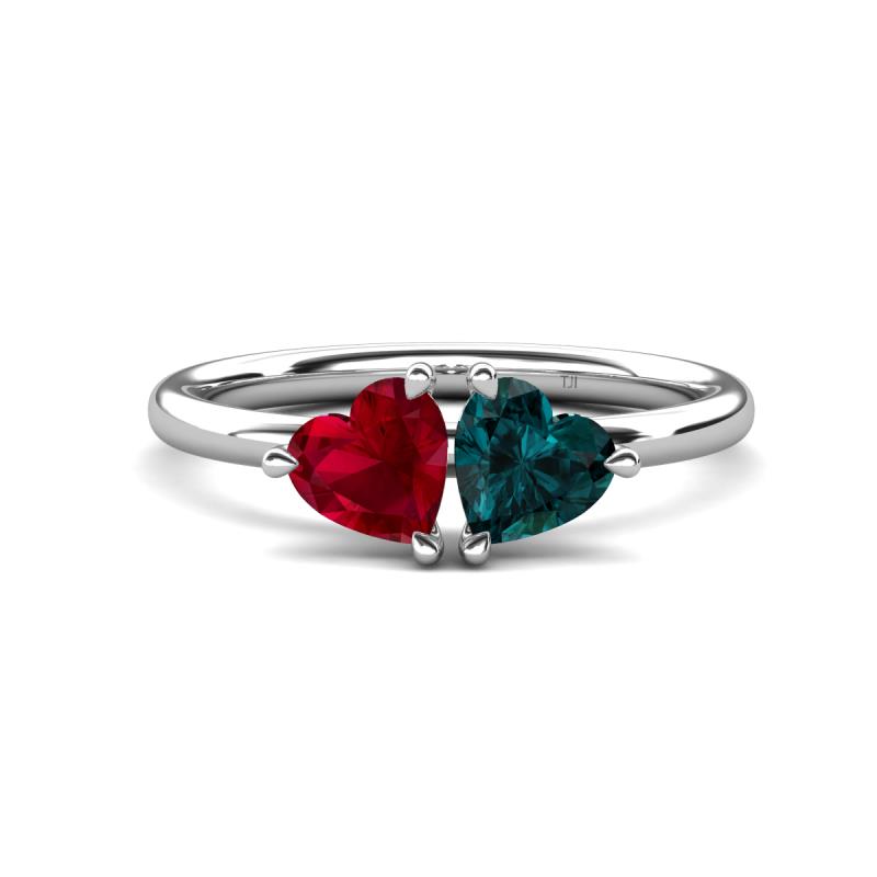 Francesca 1.80 ctw Heart Shape (6.00 mm) Lab Created Ruby & London Blue Topaz Toi Et Moi Engagement Ring 