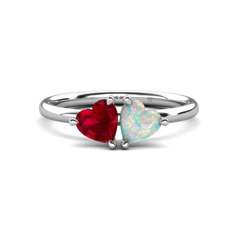 Francesca 1.25 ctw Heart Shape (6.00 mm) Lab Created Ruby & Opal Toi Et Moi Engagement Ring 