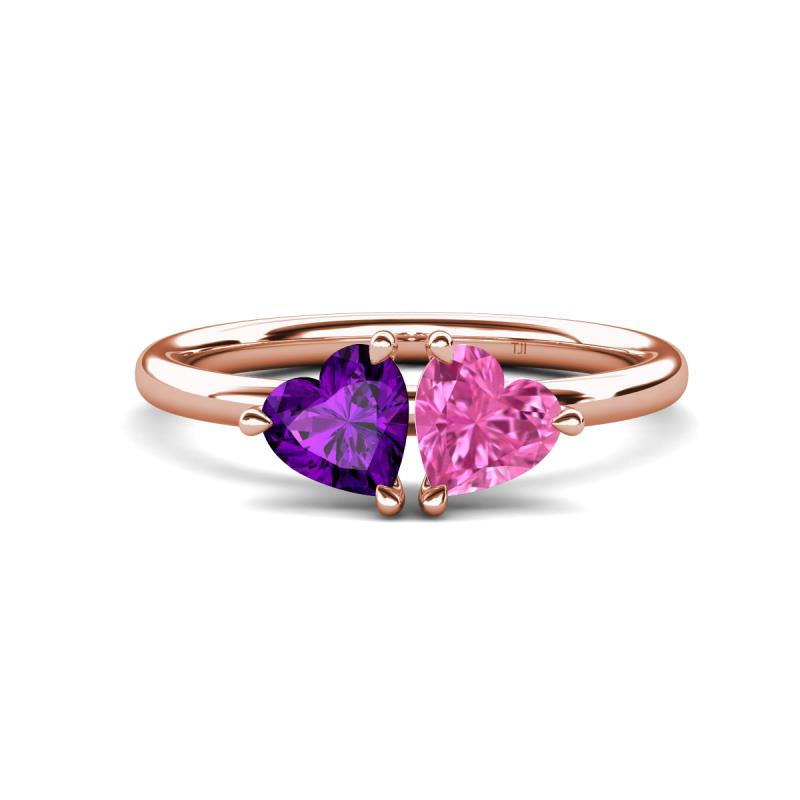 Francesca 1.58 ctw Heart Shape (6.00 mm) Amethyst & Lab Created Pink  Sapphire with Tiger Claw Prong setting Two Stone Duo Women Engagement Ring  in 18K Rose Gold