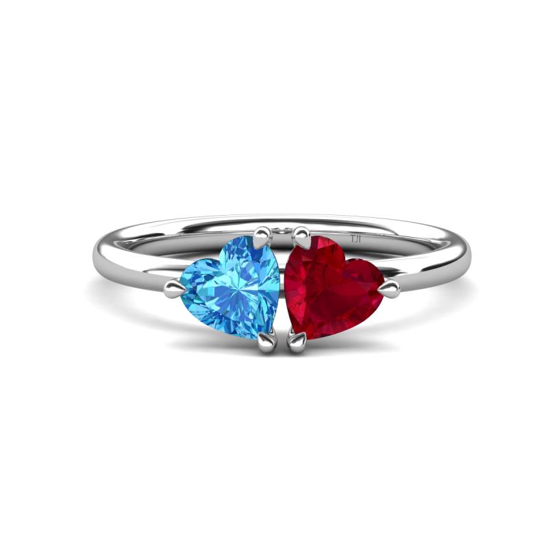 Francesca 1.80 ctw Heart Shape (6.00 mm) Blue Topaz & Lab Created Ruby Toi Et Moi Engagement Ring 