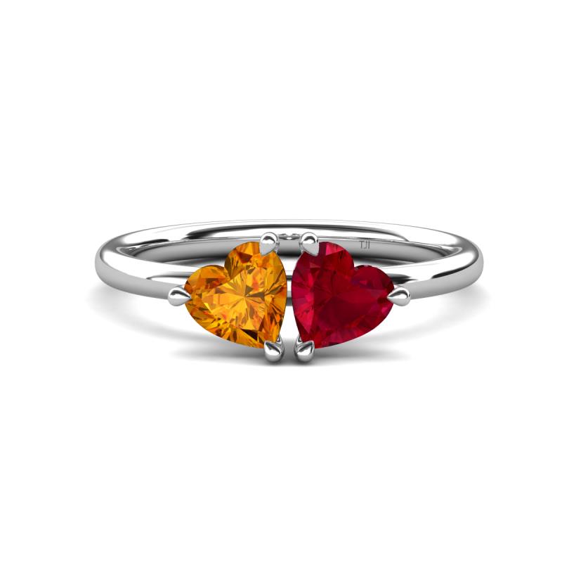Francesca 1.48 ctw Heart Shape (6.00 mm) Citrine & Lab Created Ruby Toi Et Moi Engagement Ring 