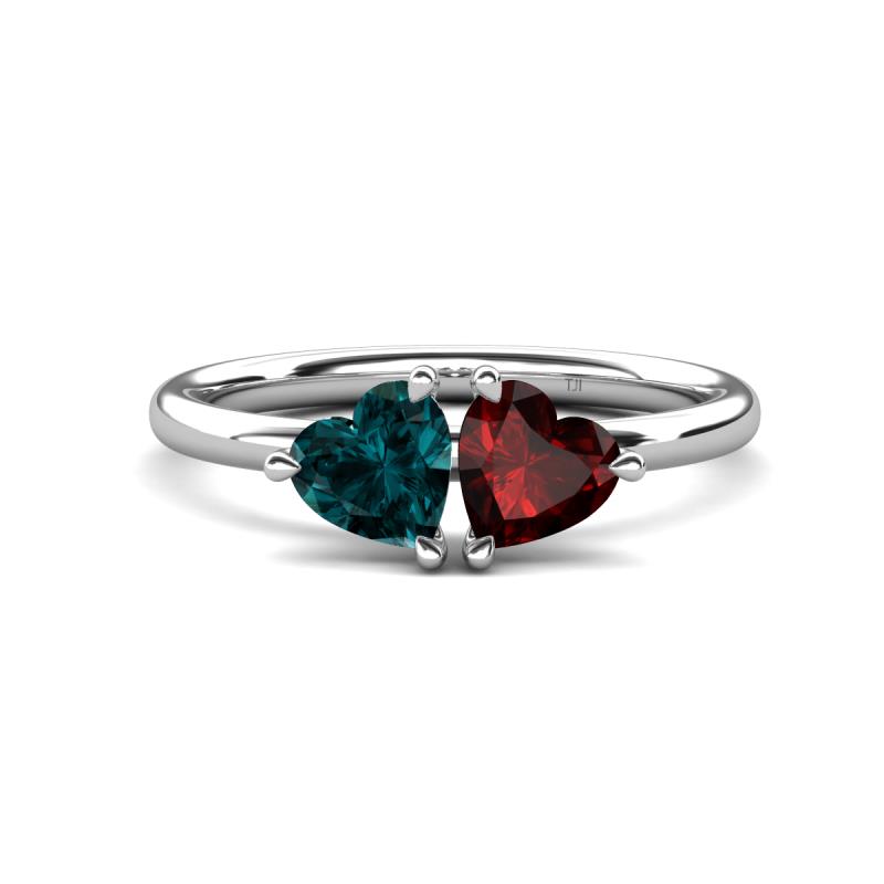 Francesca 1.95 ctw Heart Shape (6.00 mm) London Blue Topaz & Red Garnet Toi Et Moi Engagement Ring 