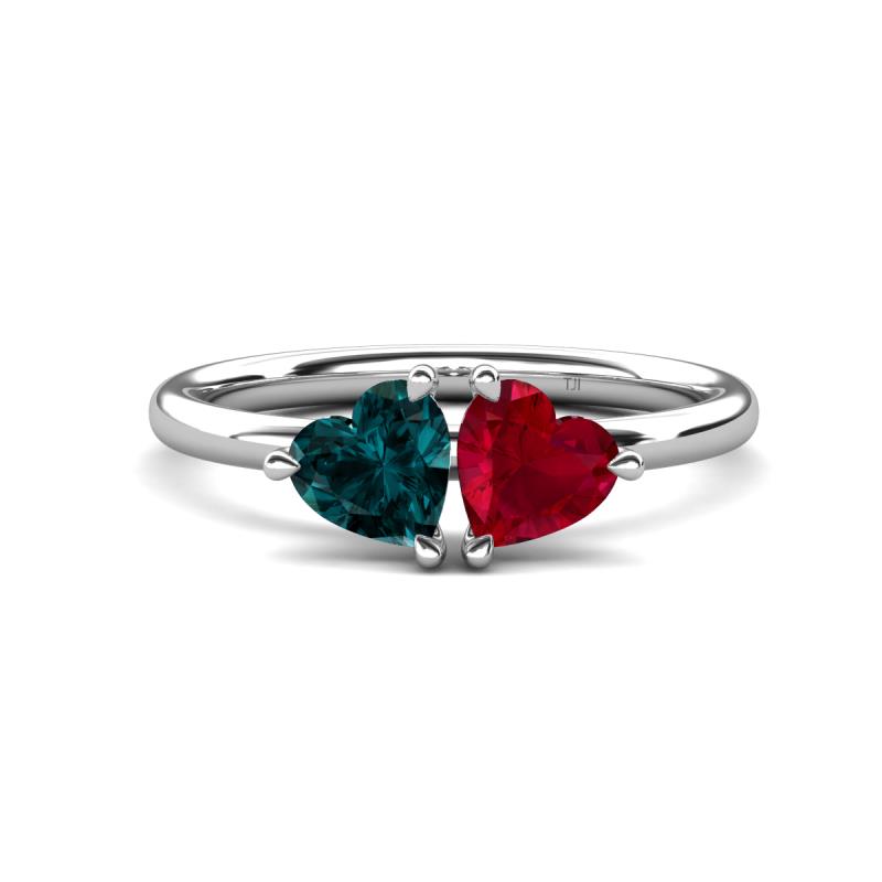 Francesca 1.80 ctw Heart Shape (6.00 mm) London Blue Topaz & Lab Created Ruby Toi Et Moi Engagement Ring 
