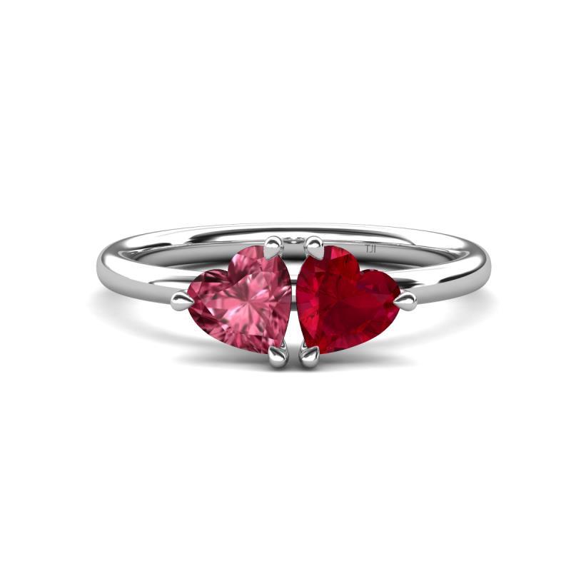 Francesca 1.60 ctw Heart Shape (6.00 mm) Pink Tourmaline & Lab Created Ruby Toi Et Moi Engagement Ring 
