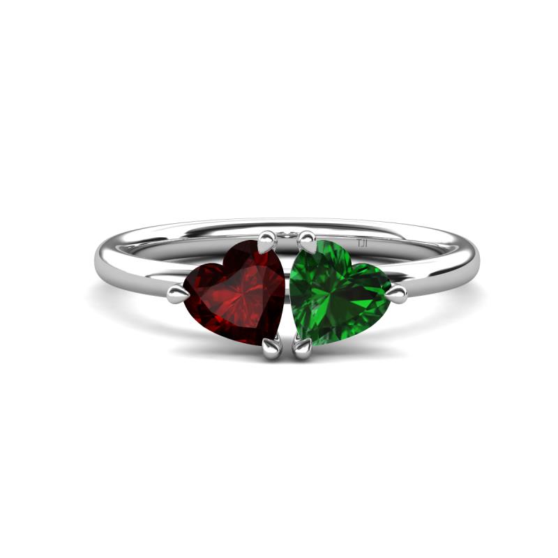 Francesca 1.70 ctw Heart Shape (6.00 mm) Red Garnet & Lab Created Emerald Toi Et Moi Engagement Ring 
