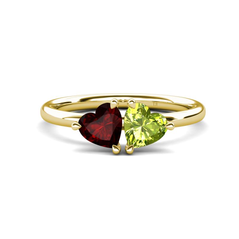 Francesca 1.90 ctw Heart Shape (6.00 mm) Red Garnet & Peridot Toi Et Moi Engagement Ring 