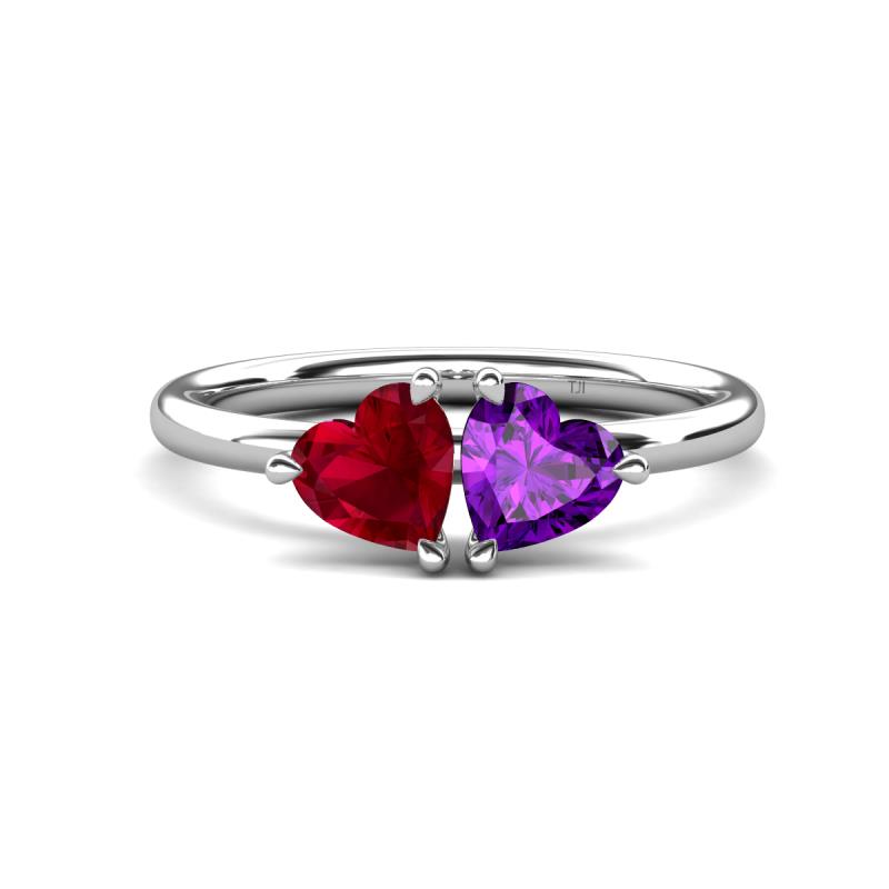 Francesca 1.48 ctw Heart Shape (6.00 mm) Lab Created Ruby & Amethyst Toi Et Moi Engagement Ring 