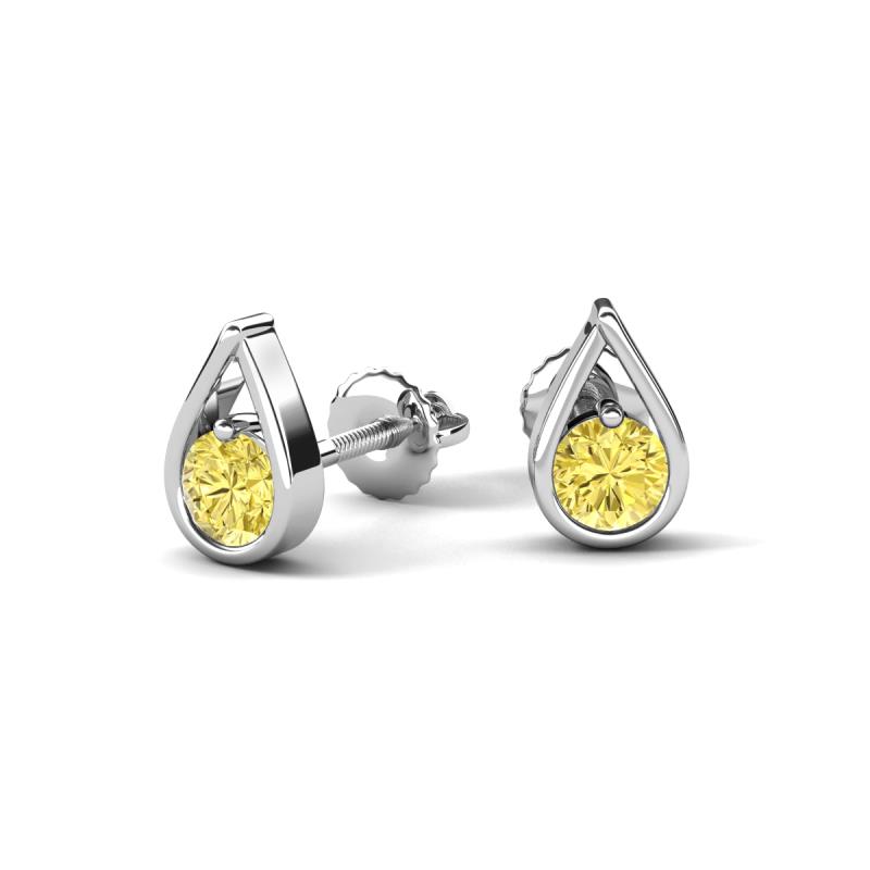 0.53 CTW 4.00 mm Round Yellow Sapphire Tear Drop Solitaire Women Bezel Set Stud Earrings in 14K White Gold TriJewels