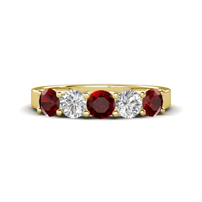 Wenda 1.45 ctw (4.00 mm) Round Red Garnet & Lab Grown Diamond Side Gallery 5 Stone Wedding Band 