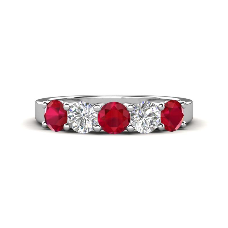 Wenda 1.28 ctw (4.00 mm) Round Ruby & Natural Diamond Side Gallery 5 Stone Wedding Band 
