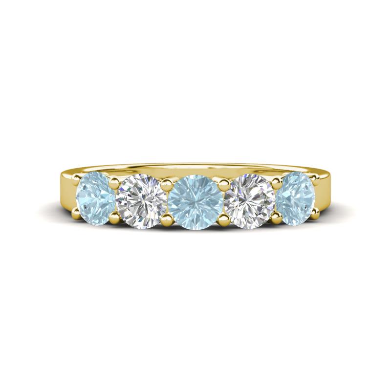 Wenda 1.10 ctw (4.00 mm) Round Aquamarine & Natural Diamond Side Gallery 5 Stone Wedding Band 