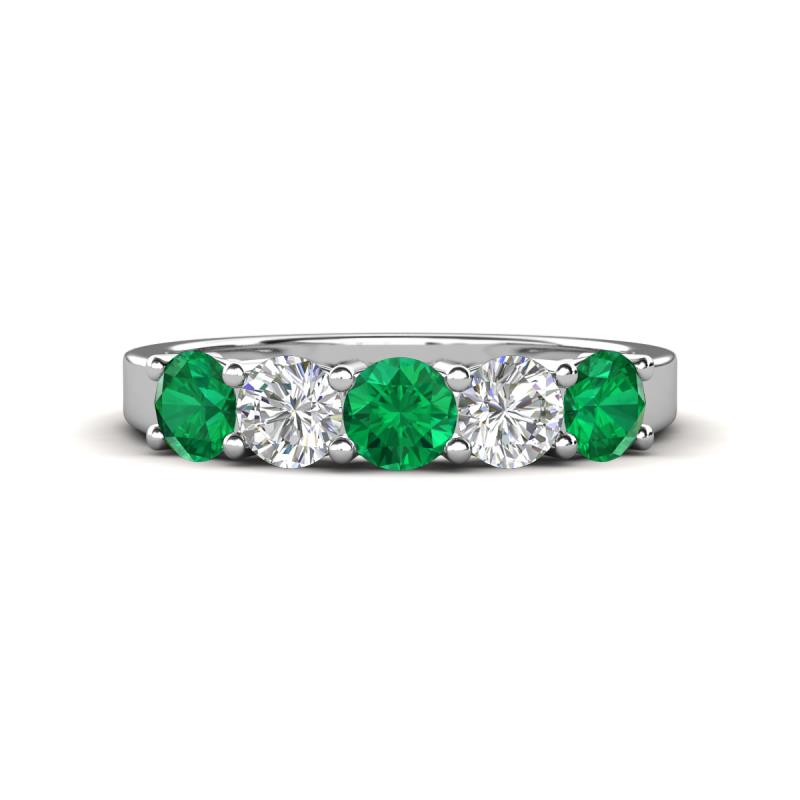 Wenda 1.10 ctw (4.00 mm) Round Emerald & Natural Diamond Side Gallery 5 Stone Wedding Band 