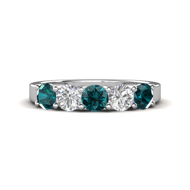 Wenda 1.25 ctw (4.00 mm) Round London Blue Topaz & Natural Diamond Side Gallery 5 Stone Wedding Band 