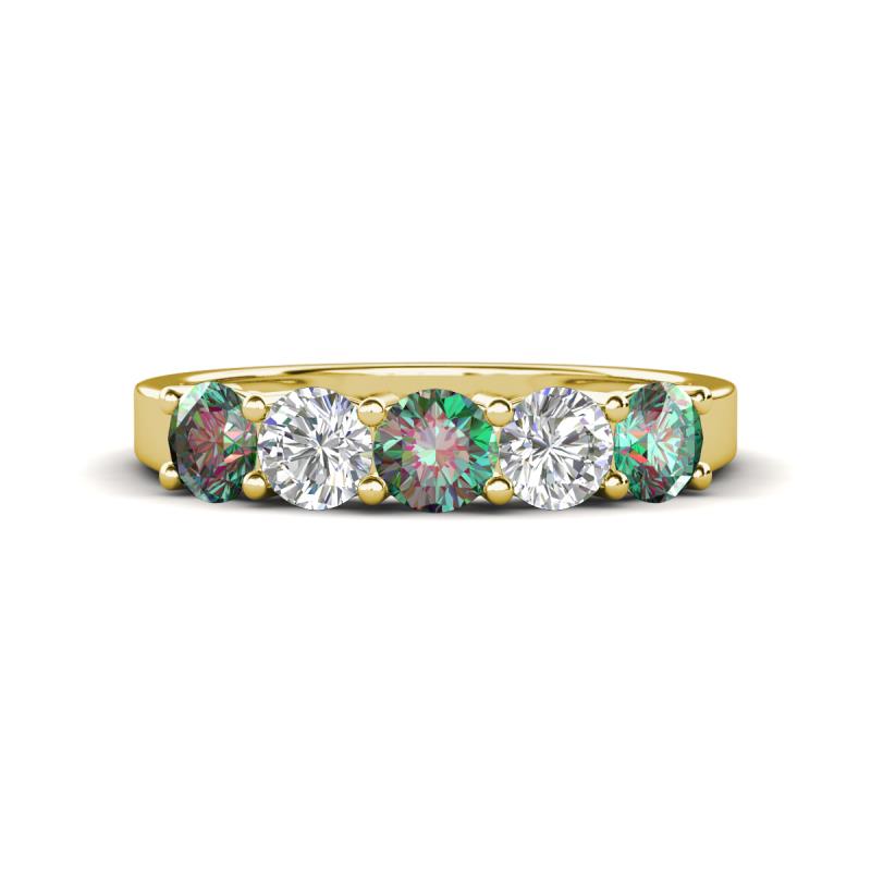 Wenda 1.55 ctw (4.00 mm) Round Lab Created Alexandrite & Natural Diamond Side Gallery 5 Stone Wedding Band 