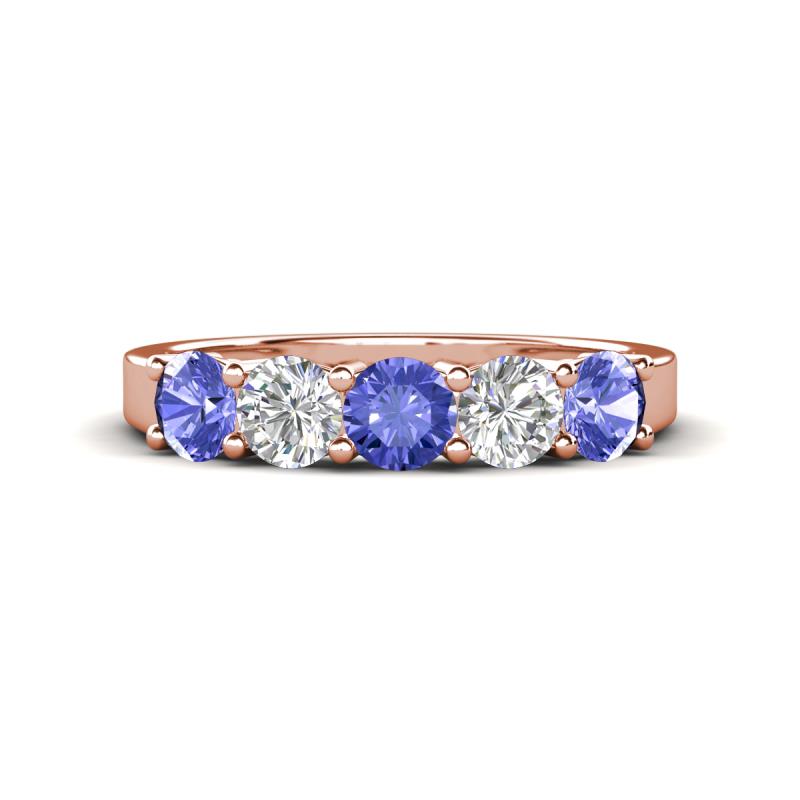 Wenda 1.19 ctw (4.00 mm) Round Tanzanite & Natural Diamond Side Gallery 5 Stone Wedding Band 