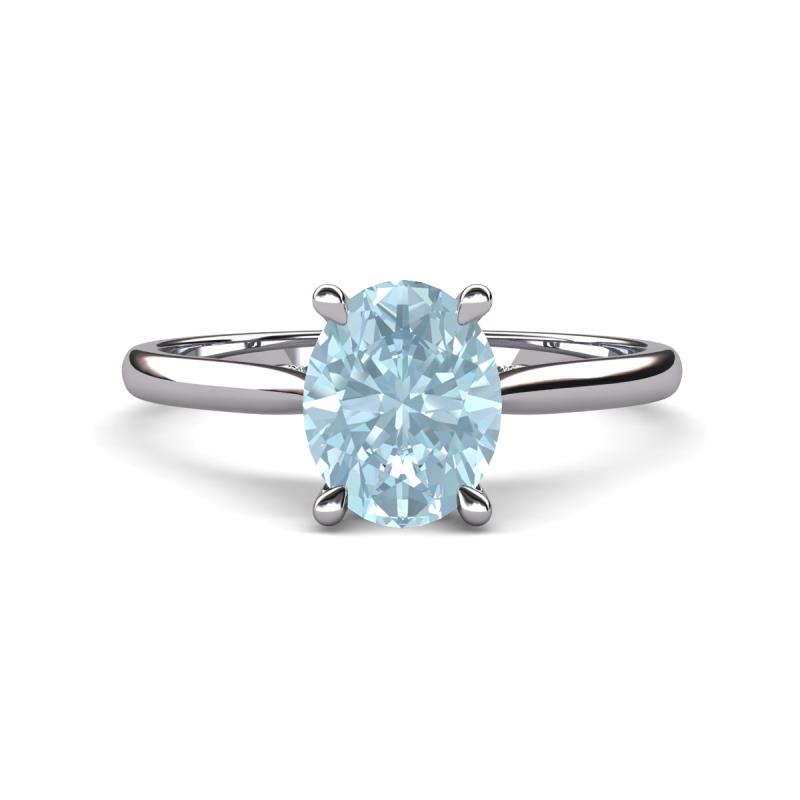 Zaire 1.86 ctw Aquamarine Oval Shape (9x7 mm) accented side Natural Diamond Hidden Halo Engagement Ring 