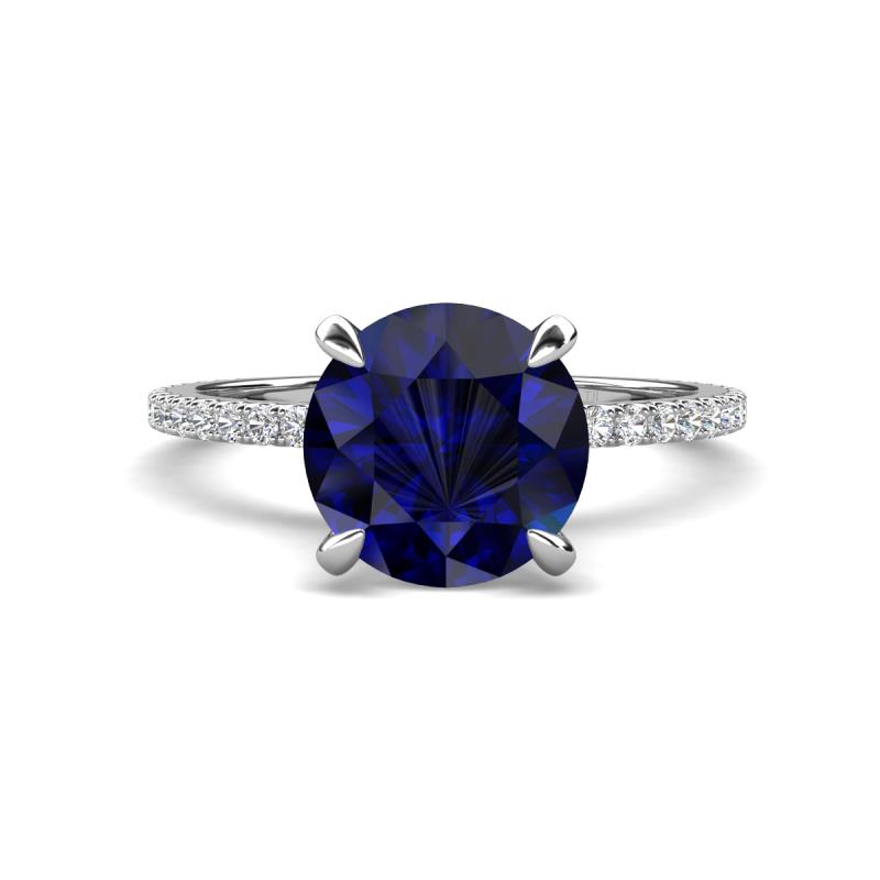 Aisha 3.10 Ctw (8.00 mm) Round Created Blue Sapphire with side Lab Grown Diamond Hidden Halo Engagement ring