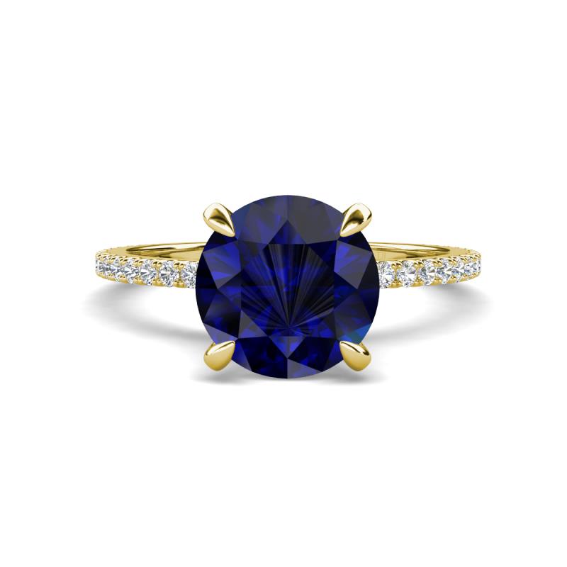 Aisha 3.10 Ctw (8.00 mm) Round Created Blue Sapphire with side Lab Grown Diamond Hidden Halo Engagement ring