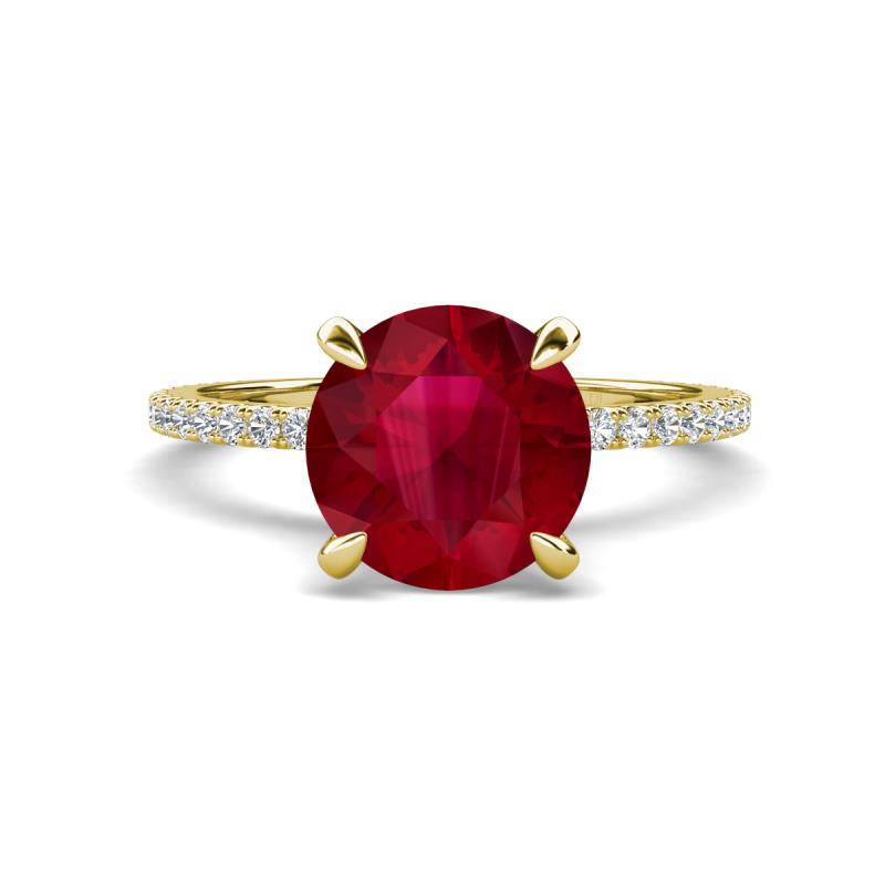Aisha 3.10 Ctw (8.00 mm) Round Created Ruby with side Lab Grown Diamond Hidden Halo Engagement ring