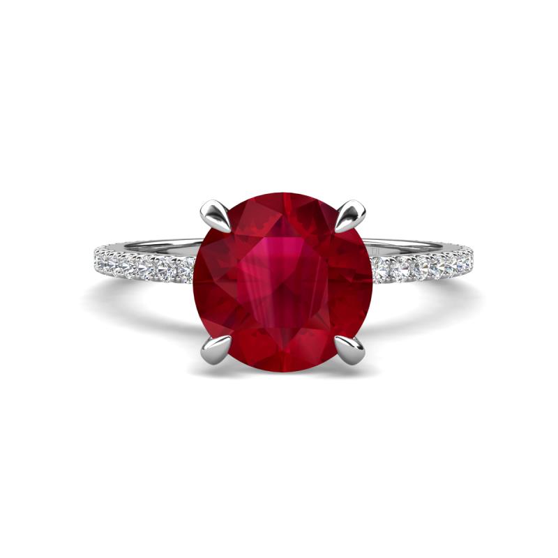 Aisha 3.10 Ctw (8.00 mm) Round Created Ruby with side Lab Grown Diamond Hidden Halo Engagement ring